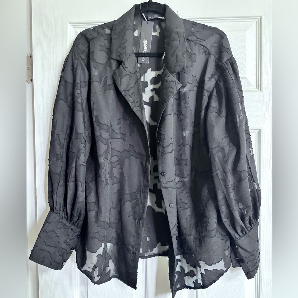 Fashion Nova Black Textured Button-Front Sheer Blouse size 1X